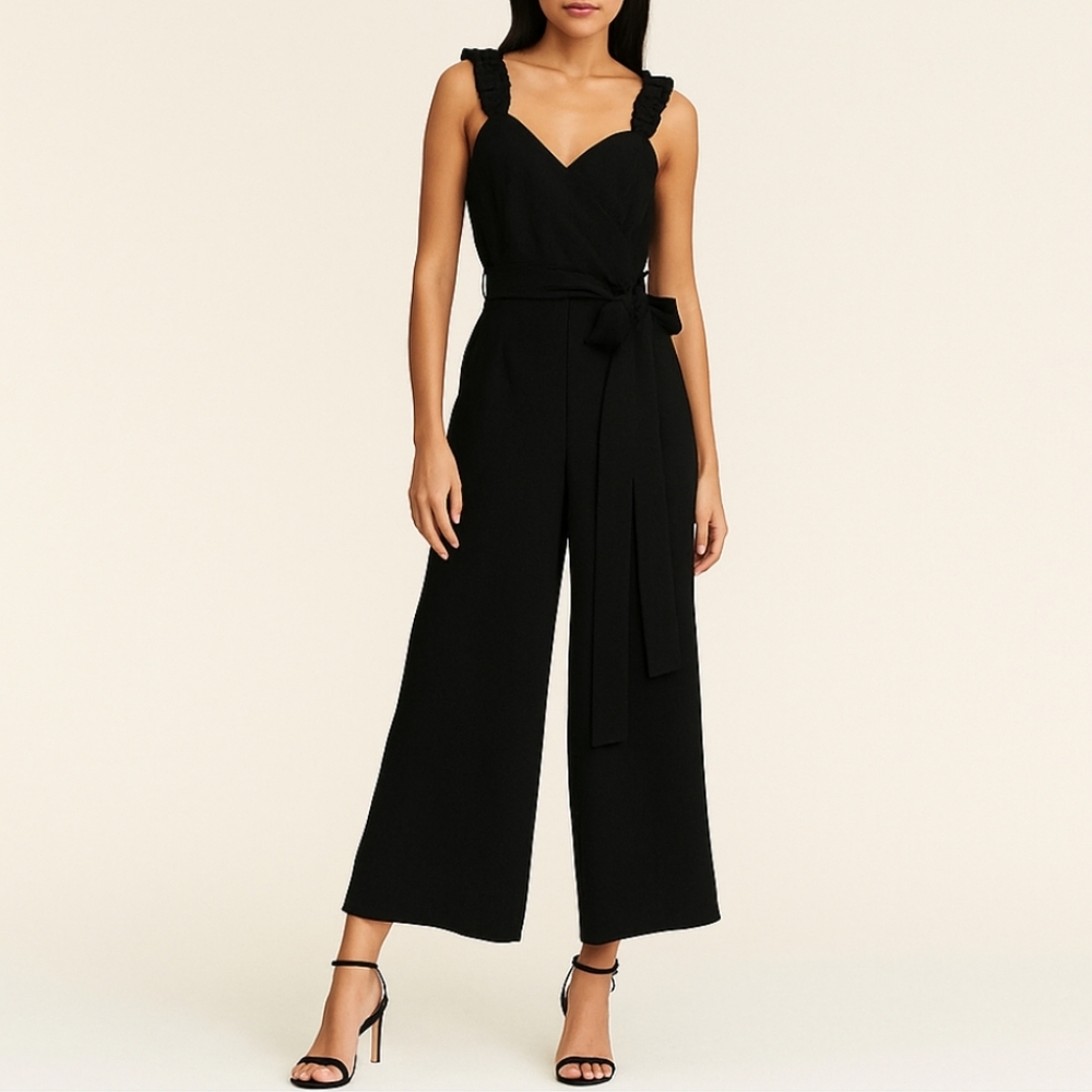 Michael KORS black Faux Wrap Cropped Wide Leg One Piece Jumpsuit Romper Size XS